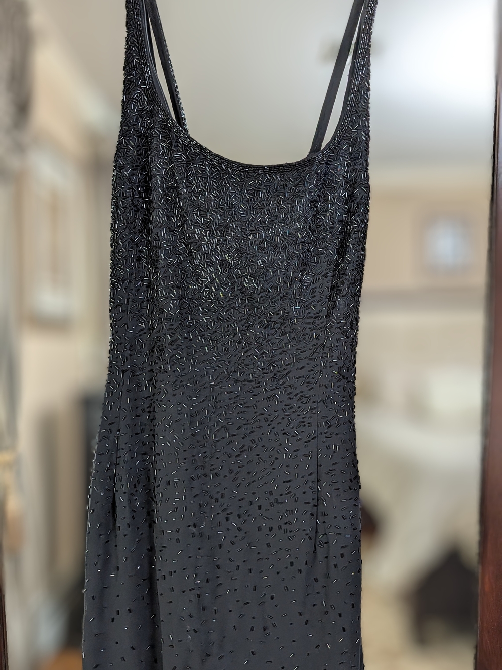 Beaded Black Maxi Slip Dress with Slim Straps